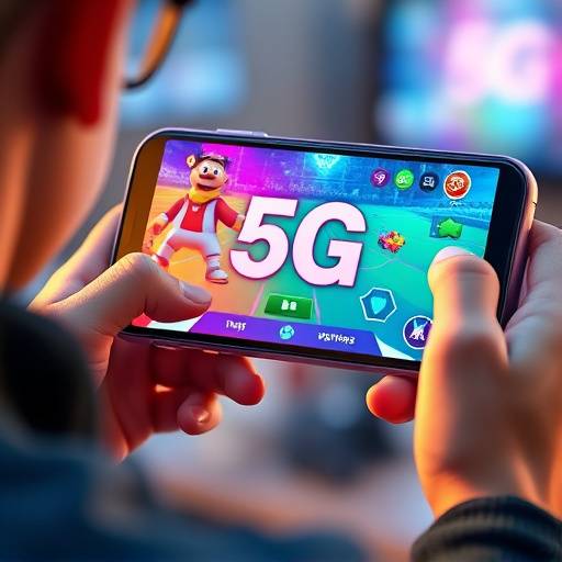 A gamer holding a smartphone while playing a visually demanding game, with a 5G network symbol prominently displayed on the screen.
