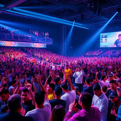 A large crowd cheering at a mobile esports tournament with players on stage