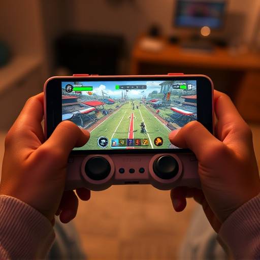 A person holding a smartphone with a game displayed, using a Bluetooth gaming controller to play a cloud-streamed title.