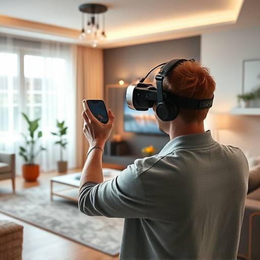 A person playing an augmented reality mobile game in their living room, with virtual objects overlaid on the real environment.