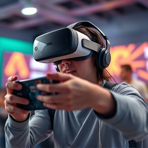 A person wearing a VR headset and holding a mobile phone, immersed in an AR game
