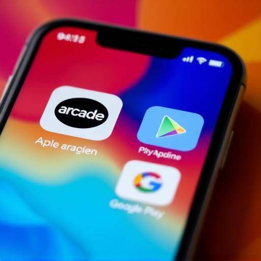 A smartphone displaying various mobile gaming subscription service icons, such as Apple Arcade and Google Play Pass, against a vibrant background.